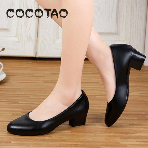 Black Stiletto Shoes Round-headed Middle-heeled 3cm