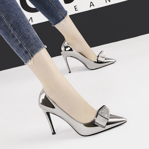 woman wedding slip on pumps luxury high heels  fashion crystal bow shallow