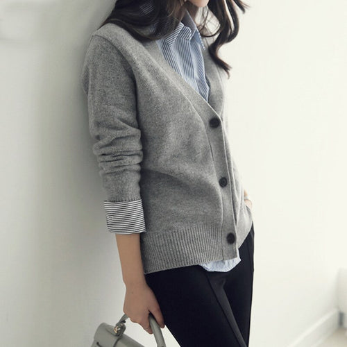 Basic Brief V Neck Cardigan Sweater Women Knitted  Beige