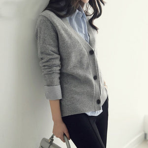 Basic Brief V Neck Cardigan Sweater Women Knitted  Beige