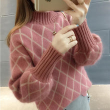 Load image into Gallery viewer, Women Lantern Sleeve Turtleneck Plaid Knitted Pullover Sweater Ladies Korean 2020