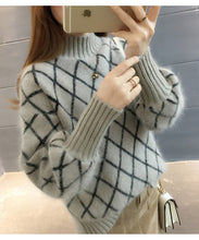 Load image into Gallery viewer, Women Lantern Sleeve Turtleneck Plaid Knitted Pullover Sweater Ladies Korean 2020
