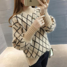 Load image into Gallery viewer, Women Lantern Sleeve Turtleneck Plaid Knitted Pullover Sweater Ladies Korean 2020