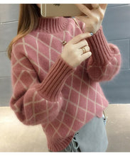 Load image into Gallery viewer, Women Lantern Sleeve Turtleneck Plaid Knitted Pullover Sweater Ladies Korean 2020