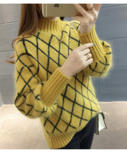 Load image into Gallery viewer, Women Lantern Sleeve Turtleneck Plaid Knitted Pullover Sweater Ladies Korean 2020