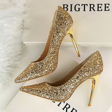 Load image into Gallery viewer, high heels wedding Bling woman pumps red gold silver stiletto