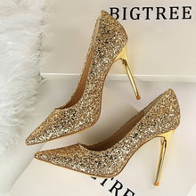 Load image into Gallery viewer, high heels wedding Bling woman pumps red gold silver stiletto