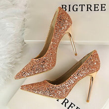 Load image into Gallery viewer, high heels wedding Bling woman pumps red gold silver stiletto