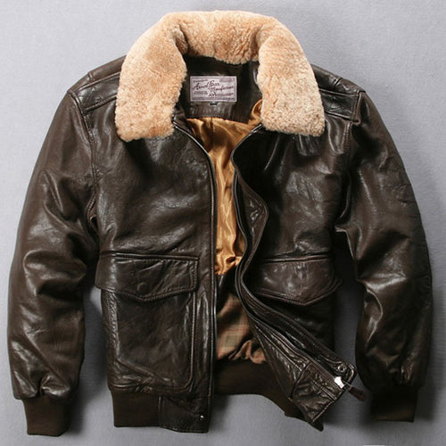 Avirex Fly Jacket Fur Collar Genuine Leather Jacket Men Black Brown Sheepskin