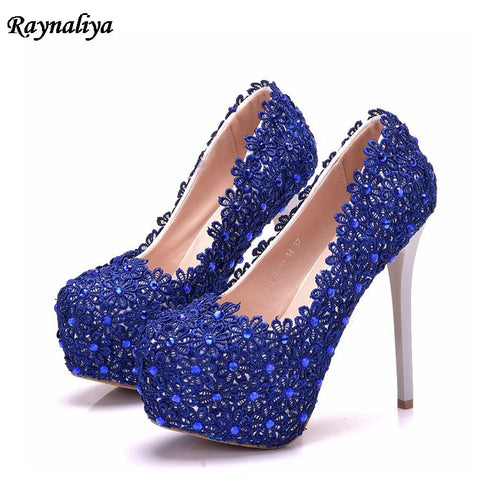 Fashion Blue Pearl High Heel Wedding  Lady Shoes