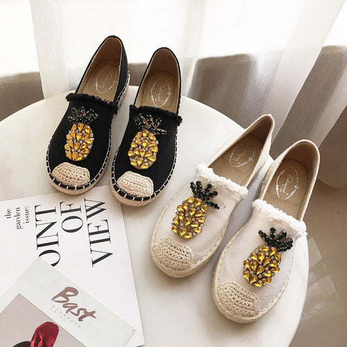 2020 New Women Espadrilles Flats Crystal Pineapple Hemp Fisherman Shoes