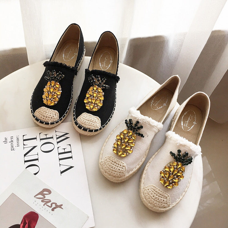 2020 New Women Espadrilles Flats Crystal Pineapple Hemp Fisherman Shoes