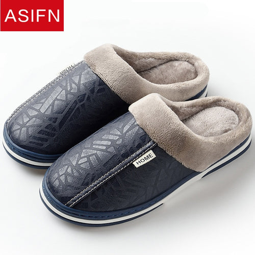ASIFN Indoor Leather Winter Waterproof Warm Home Fur Women Men Slipper