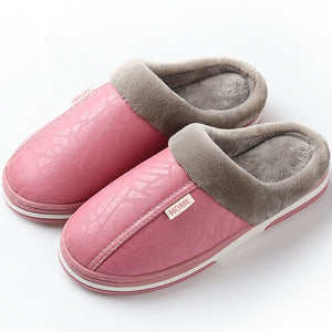 ASIFN Indoor Leather Winter Waterproof Warm Home Fur Women Men Slipper